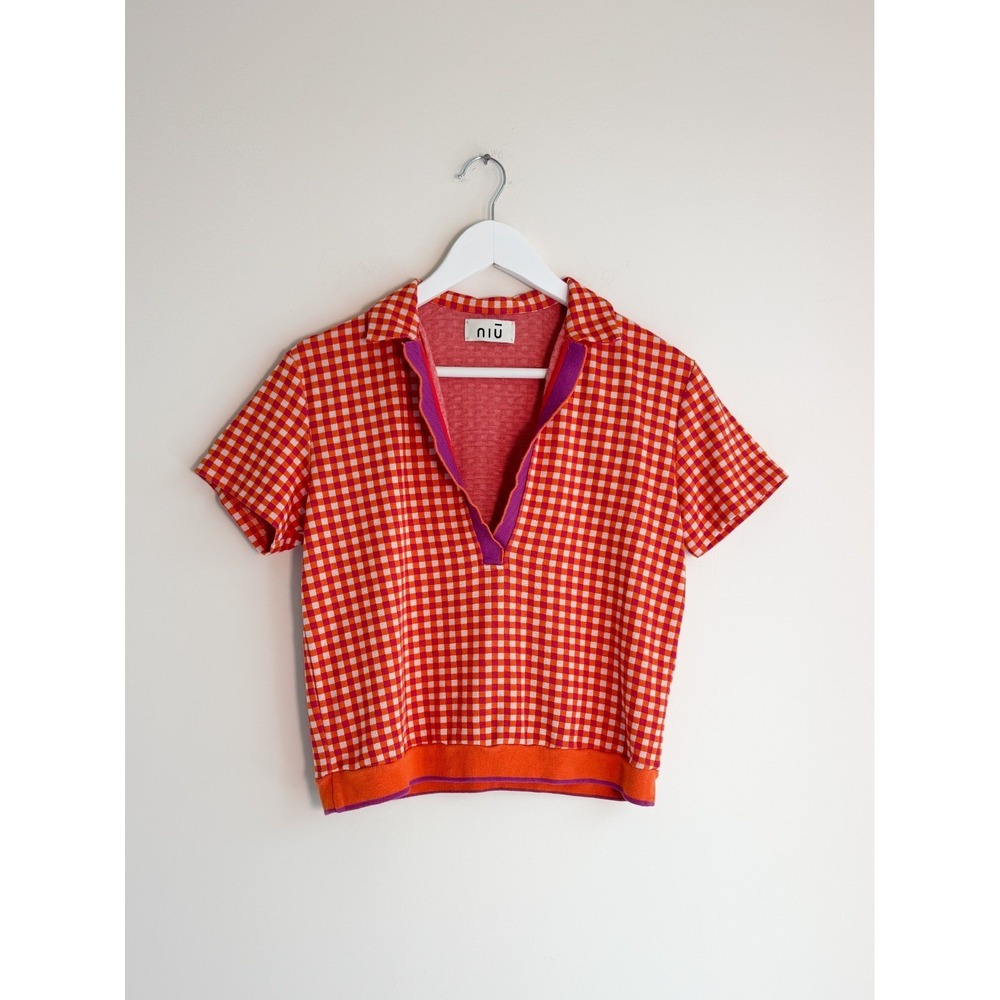 NIU Cropped Orange Gingham Knit Polo Shirt One Size